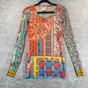 Fuzzi Italy Mesh Top M Patchwork Paisley Print Sheer Stretch Y2K Designer